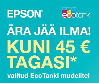 Osta Epson Ecotank printer ITshop kauplustest ja saa raha tagasi. Tagastatav summa on 30-45€. Kampaania kehtib piiratud mudelitele ja kuni 31.12.2025. Kuidas Ep